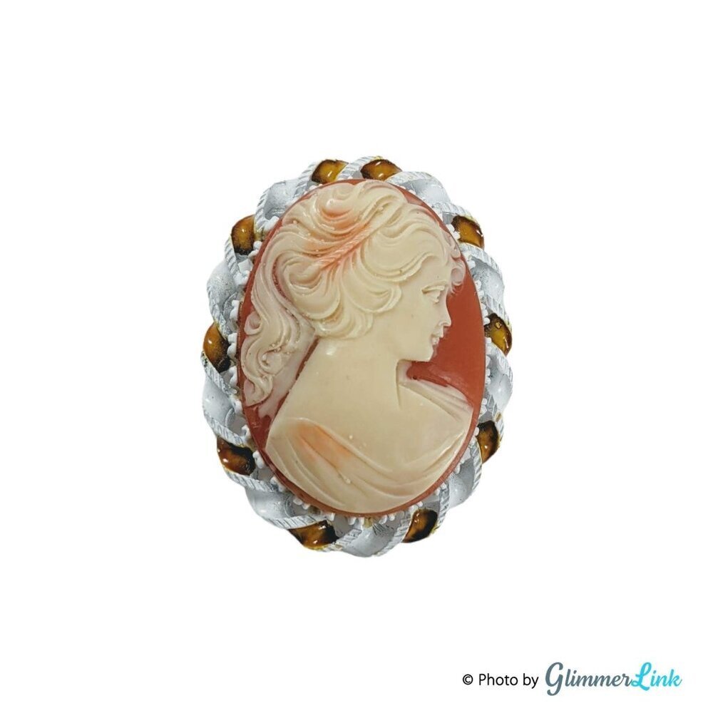 Vintage Lady In Ponytail Cameo White Enameled Brooch